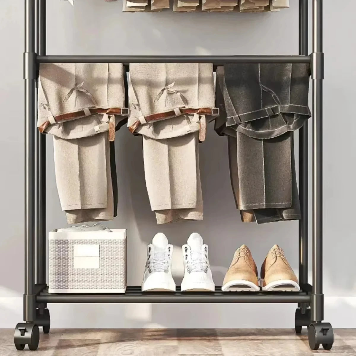 Adjustable Double Rod Telescopic Coat Rack | Floor-Standing Movable Clothes Hanger for Bedroom