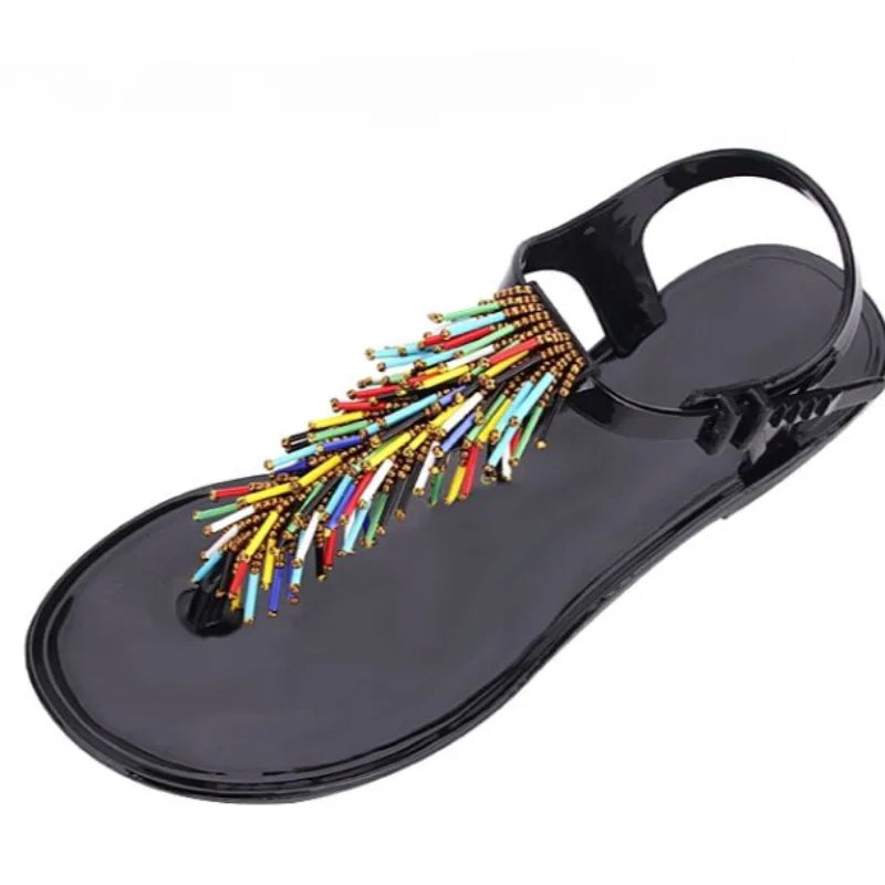 Women's Black Crystal PVC Flip-Flop Sandals – Low Heel Summer 2024 Luxury Footwear