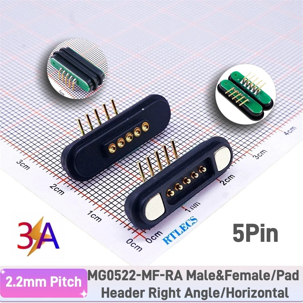 3A Magnetic Pogo Pin Connector - 2–11 Pin Spring-Loaded Male/Female Contact Strip, 2.2mm Pitch