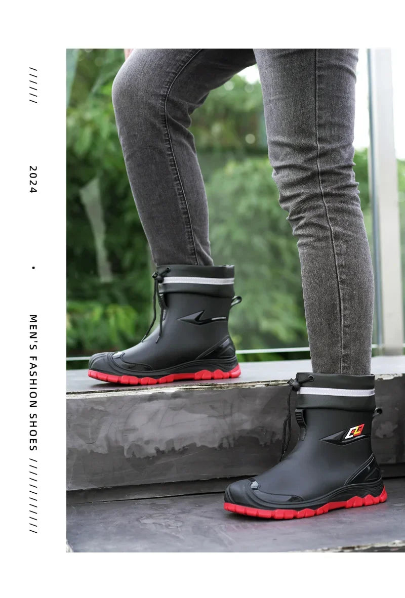 Men’s Ankle-High Fleece-Lined Rain Boots – Waterproof, Anti-Slip, Wear-Resistant Work & Fishing Shoes