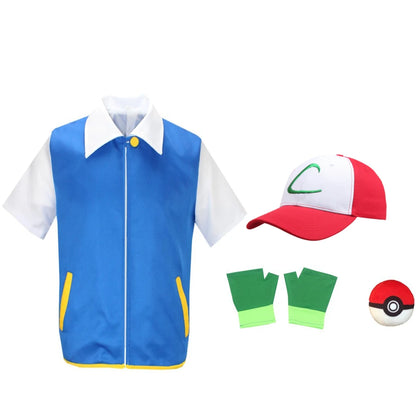 Cartoon Anime Ash Ketchum Trainer Blue Jacket Costume with Hat & Gloves for Kids Pokémon Go Cosplay Party