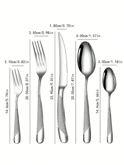 High-End Stainless Steel Silver Star Diamond Tableware Set - Includes Knife, Fork, Spoon, and Dessert Fork & Spoon - 6pc/30pc Options