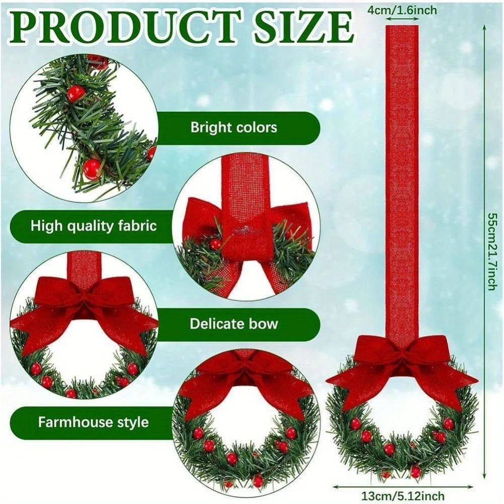 Set of 4 Mini Christmas Wreaths with Ribbon Bows & Red Berry Accents – Festive Window & Home Party Decorations