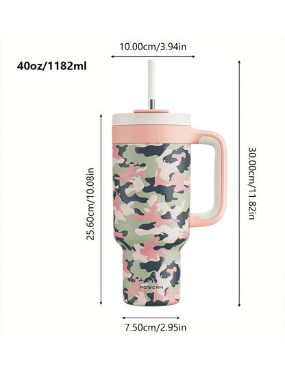 Powcan 40oz Stainless Steel Tumbler with Handle & Straw – Camouflage Prints, Leak-Proof Vacuum Travel Mug for Outdoors