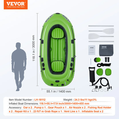 VEVOR 4-Person Inflatable Fishing Boat – Durable PVC Raft Kayak with 45.6" Aluminum Oars & High-Output Pump
