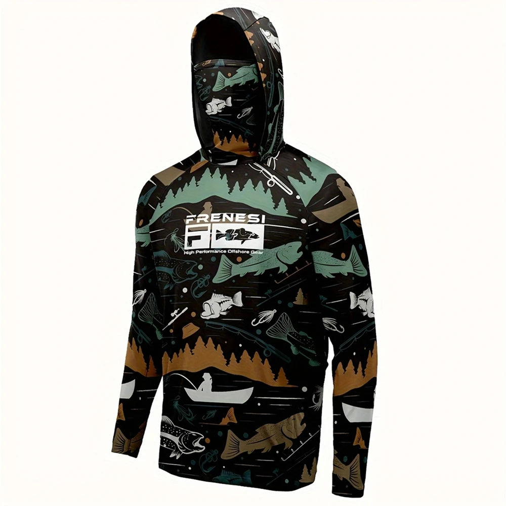 Men's Fishing Shirt with Sun Protection – All in One Hoodie Mask, UPF 50+ T-Shirt for Hunting, Camping & Angling