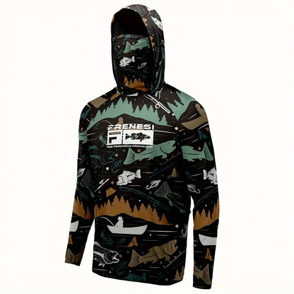 Men's Fishing Shirt with Sun Protection – All in One Hoodie Mask, UPF 50+ T-Shirt for Hunting, Camping & Angling