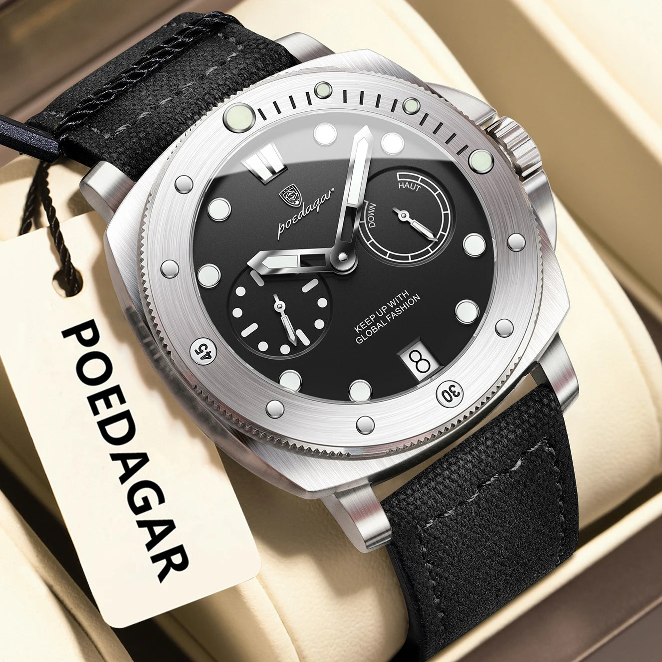 POEDAGAR Men’s Military Watch – Waterproof Luminous Quartz Watch with Date, Nylon & Leather Strap, Fashionable Men’s Timepiece
