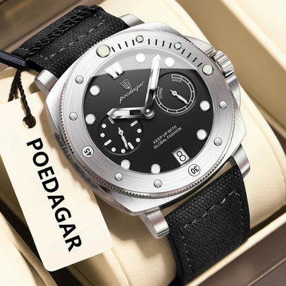 POEDAGAR Men’s Military Watch – Waterproof Luminous Quartz Watch with Date, Nylon & Leather Strap, Fashionable Men’s Timepiece