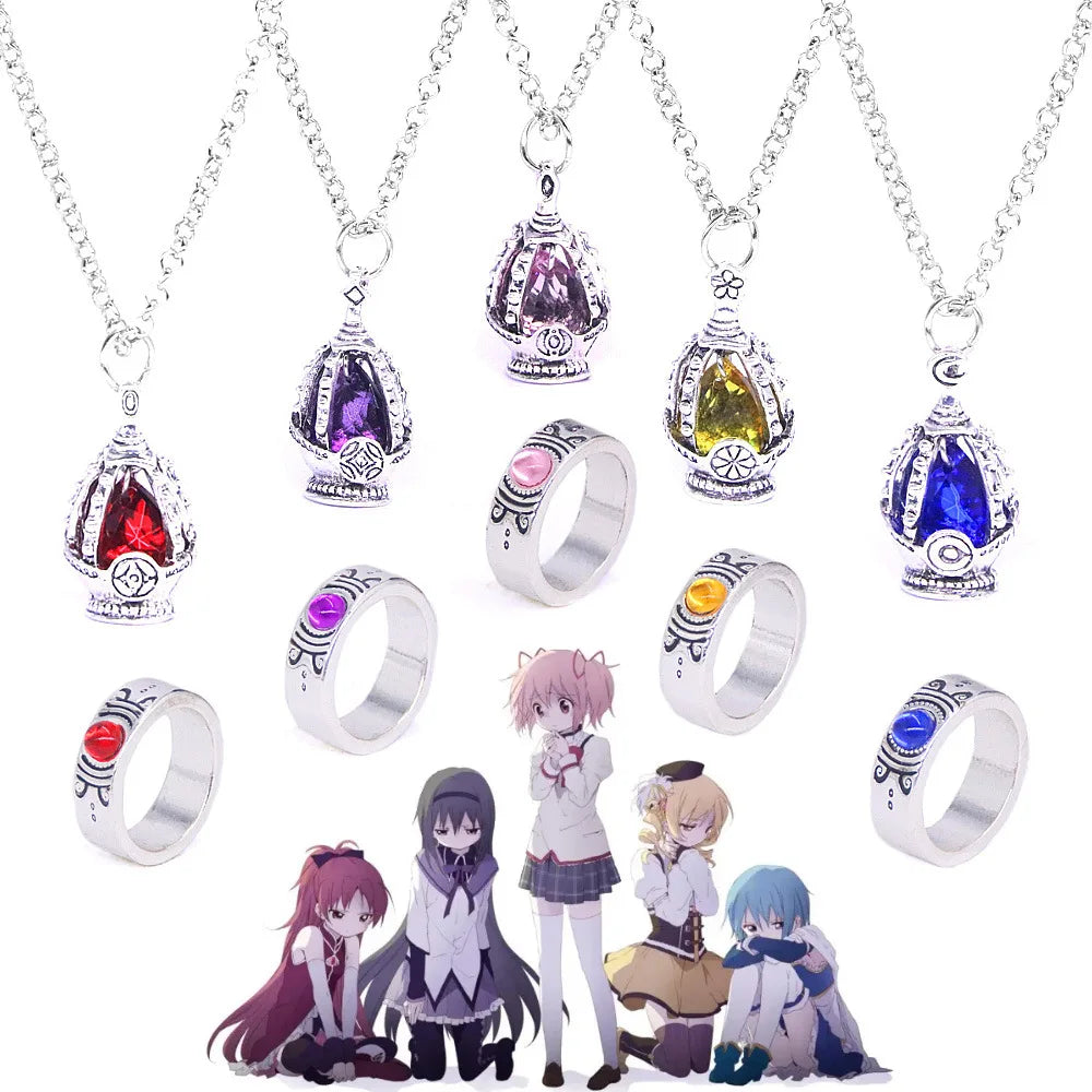 Puella Magi Madoka Magica Soul Gem Jewelry Set - Anime Cosplay Pendant Necklace and Ring Accessories for Kaname Madoka and Miki Sayaka Fans