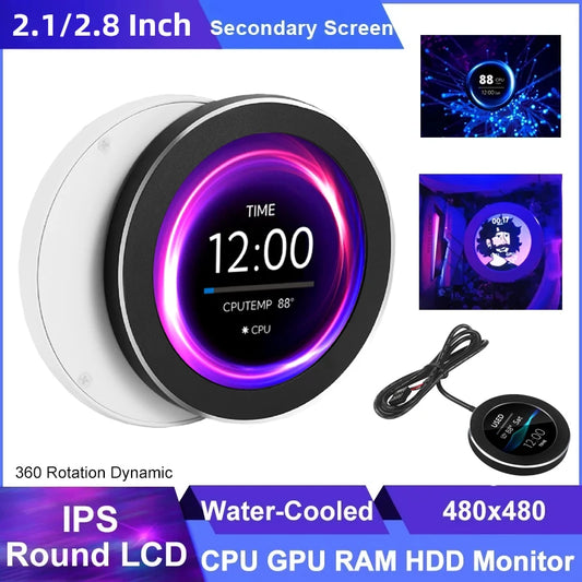 2.8-Inch IPS Secondary Screen USB Round LCD – 480x480 Water-Cooled CPU/GPU/RAM/HDD Monitor for Mini PC Gamer (No AIDA64)