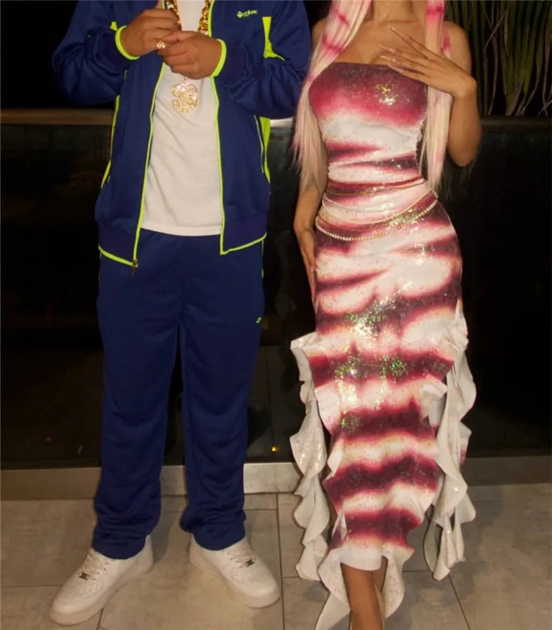 Halloween Shark Tale Adult Costume – Oscar & Lola Couple Strapless Fish Cosplay with Sparkle Ruffle Hem for Women