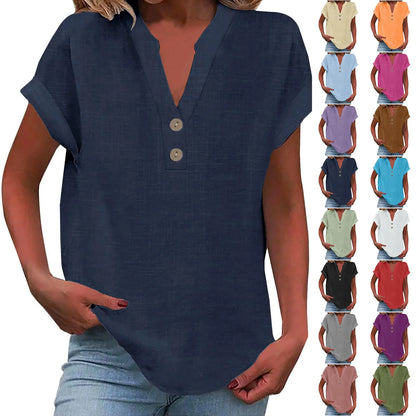 Women’s Cotton Linen Button-Down V-Neck Shirt – Breathable Solid Color Summer Office Casual Top 2025