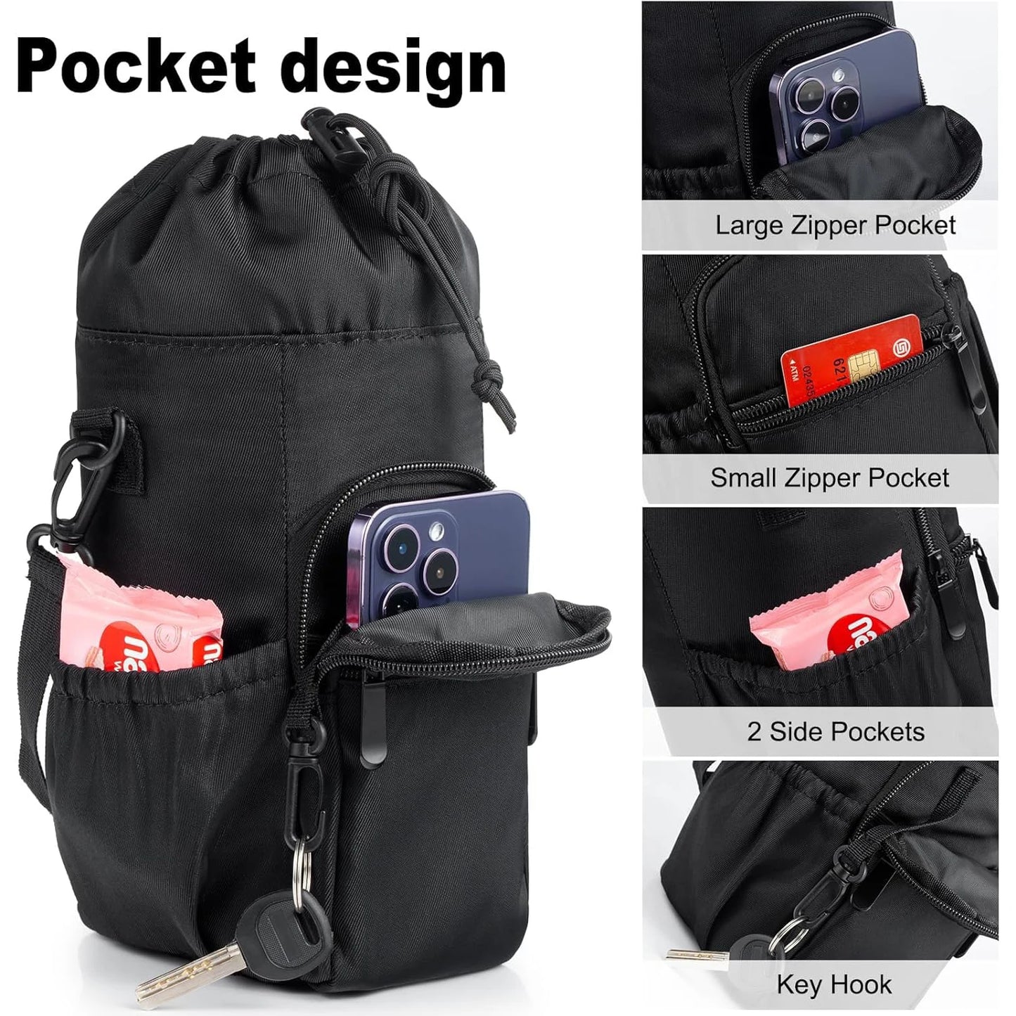 Insulated Water Bottle Holder with Strap – Carrier Sling Bag for 16oz, 32oz, 40oz & 64oz Bottles