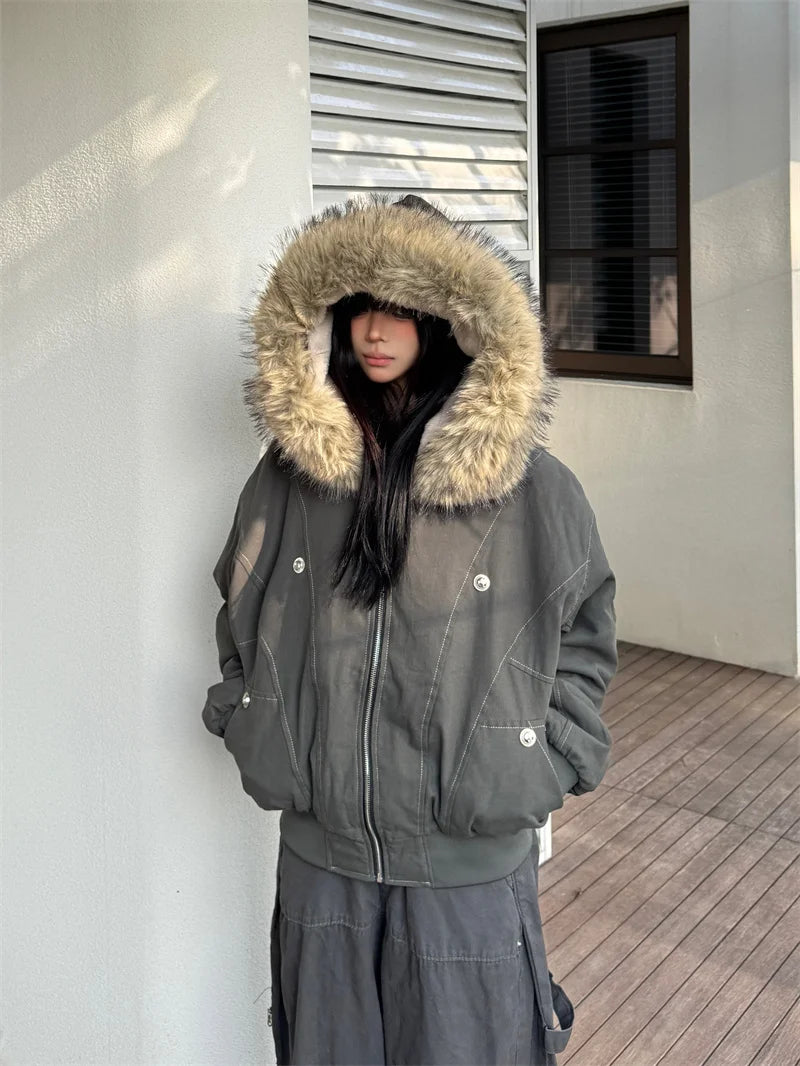 ZAROY Y2K Fur Collar Hooded Parka – Thick Padded Gothic Winter Jacket Streetwear for Men & Women