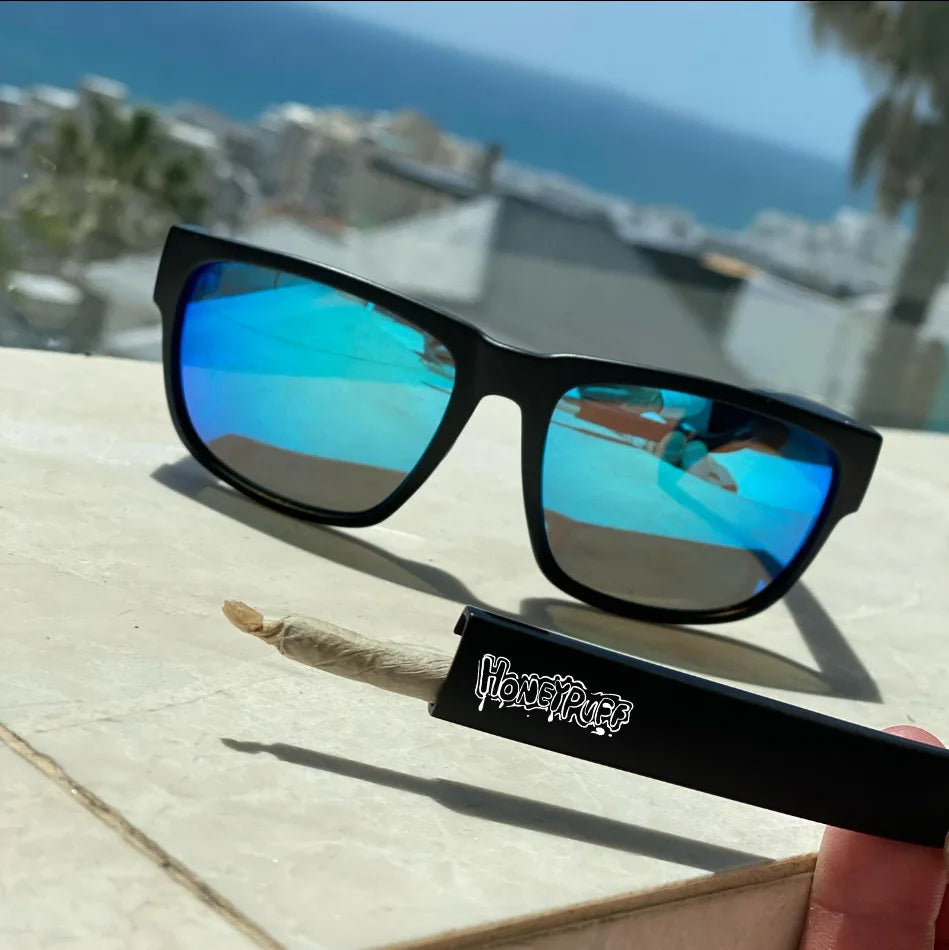 Honeypuff Multi-Purpose Sunglasses with Hidden Storage - Tapered Roll Paper Tube and Removable Glasses Holder, Horn Tube Tobacco Box for Smoking Essentials