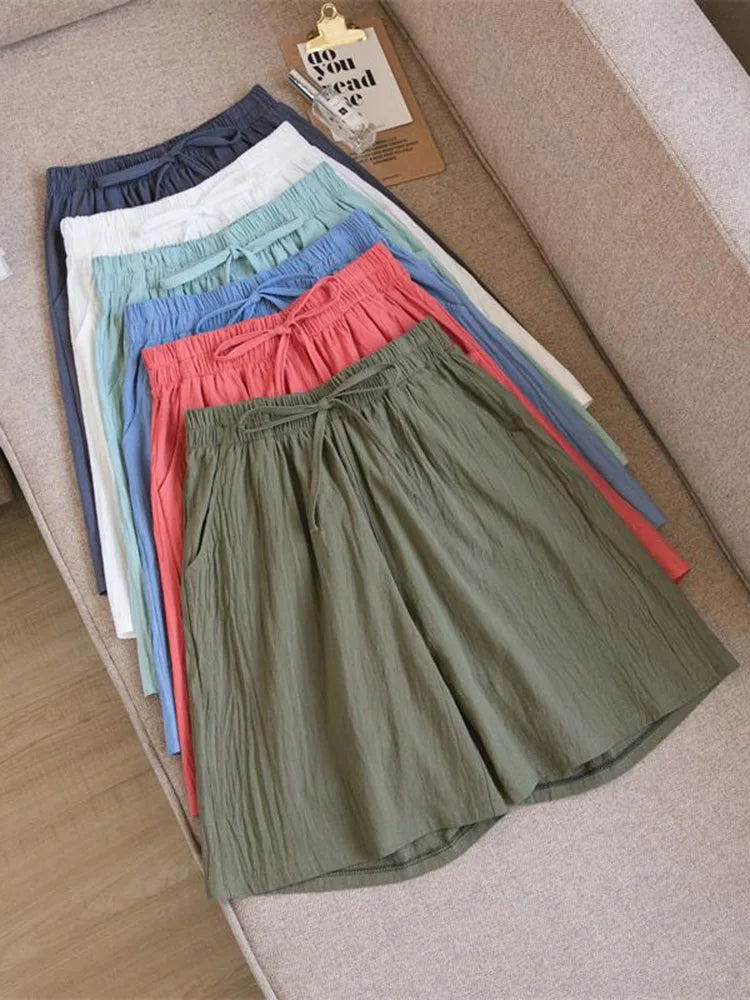 2024 Women’s High Waist Cotton Summer Shorts with Pockets – Casual Loose Fit Soft Cool Shorts for Girls