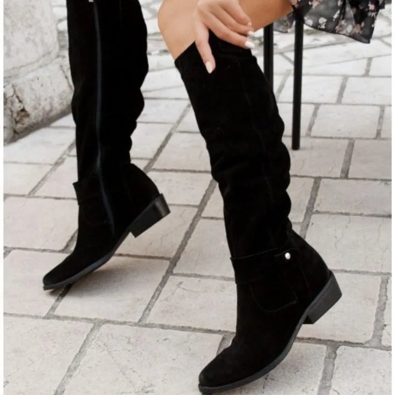 Women’s Thigh-High Suede Boots – Low Heel Side-Zip Knee-High Booties, Retro Autumn Winter Size 43