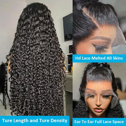 HD Lace Front Wig 13x6 – 40 Inch Deep Wave Human Hair Wig, Pre-Plucked Curly Brazilian Water Wave Lace Frontal Wig