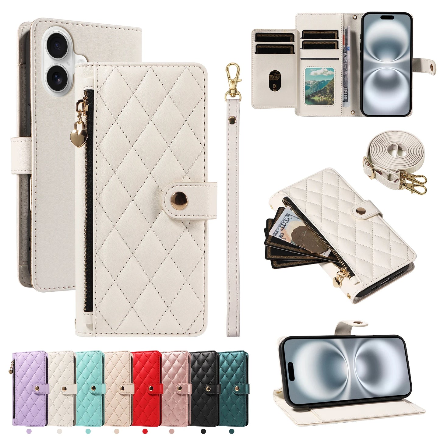 Crossbody Leather Wallet Case for iPhone – Zipper Card Slot Bag with Rhombus Design for iPhone 16/16 Pro Max/15/14/13/12/11/SE 2022