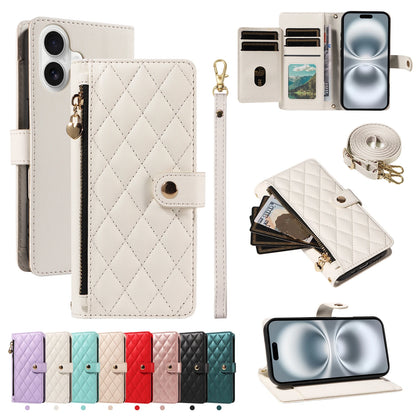 Crossbody Leather Wallet Case for iPhone – Zipper Card Slot Bag with Rhombus Design for iPhone 16/16 Pro Max/15/14/13/12/11/SE 2022