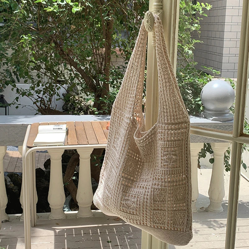 Women’s Crochet Tote Bag - Hollow Knitted Shoulder Handbag for Casual Shopping & Everyday Style
