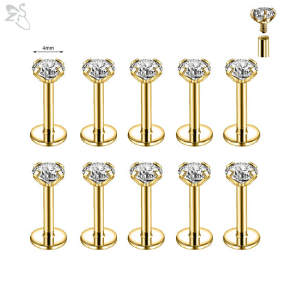 AOEDEJ 10PCS Gold Stainless Steel Labret Lip Studs – 16/18G CZ Crystal Helix, Cartilage & Tragus Piercings (2–6mm)