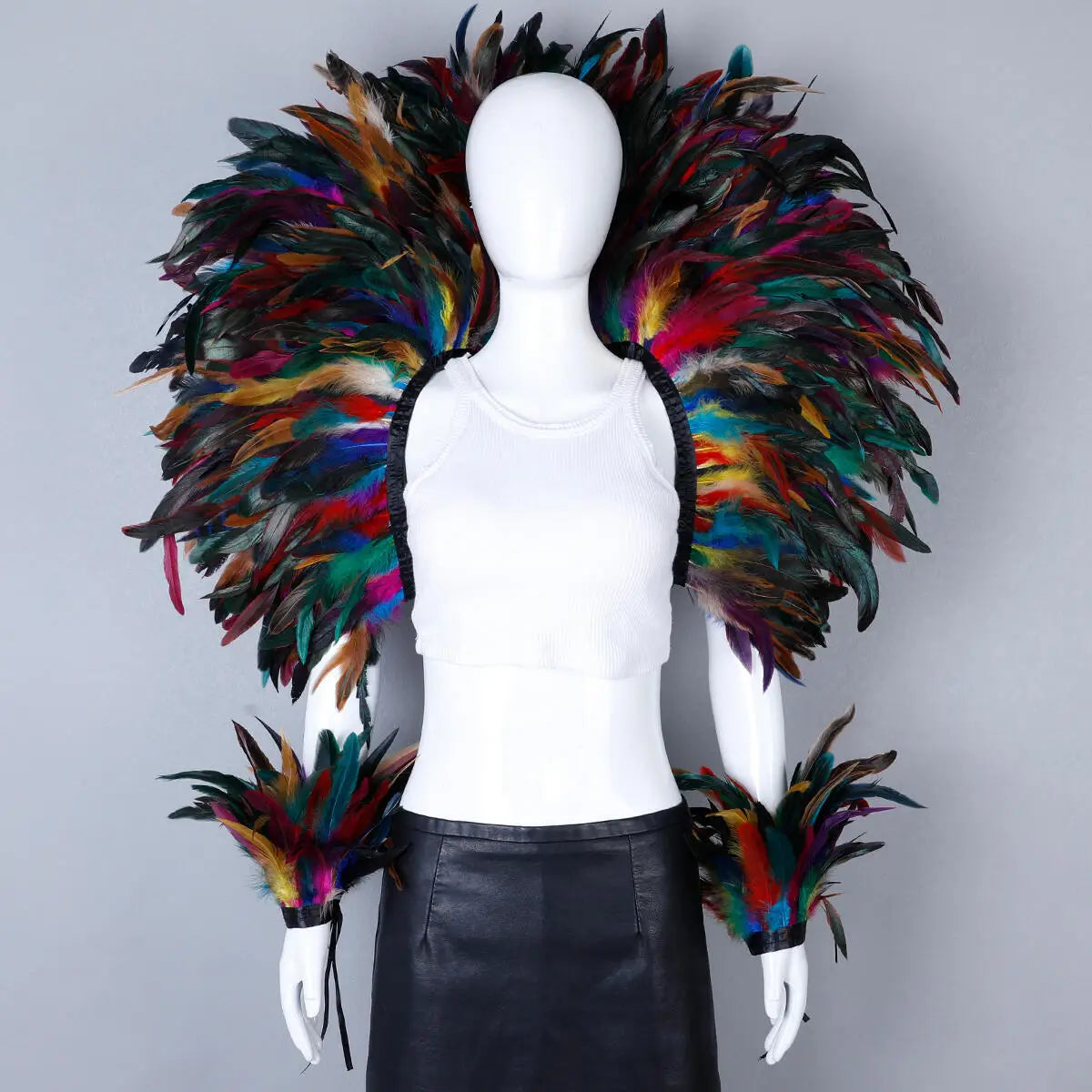 Women’s 2-Piece Feather Shawl Set - Elegant Punk-Style Cosplay Accessories for Halloween, Masquerade Balls, Parties, and Carnivals