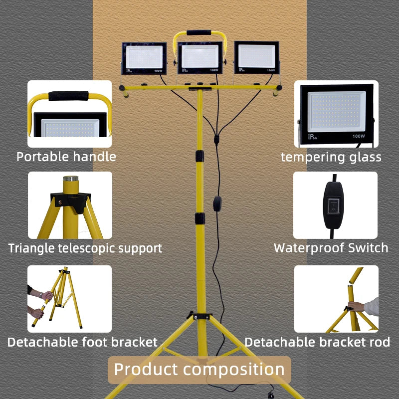 30000 Lumen LED Work Light - 3-Head Portable Flood Light with Stand