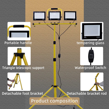 30000 Lumen LED Work Light - 3-Head Portable Flood Light with Stand