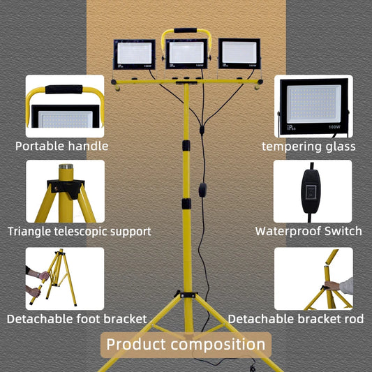 30000 Lumen LED Work Light - 3-Head Portable Flood Light with Stand
