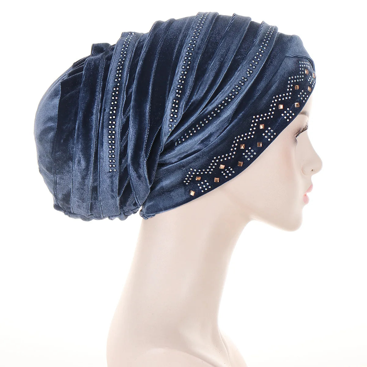 Women’s Glitter Diamond Turban Cap - Soft Velvet Pleated Head Wrap Muslim Headscarf Bonnet Beanie Cap