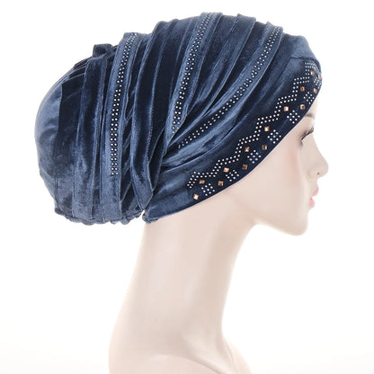 Women’s Glitter Diamond Turban Cap - Soft Velvet Pleated Head Wrap Muslim Headscarf Bonnet Beanie Cap