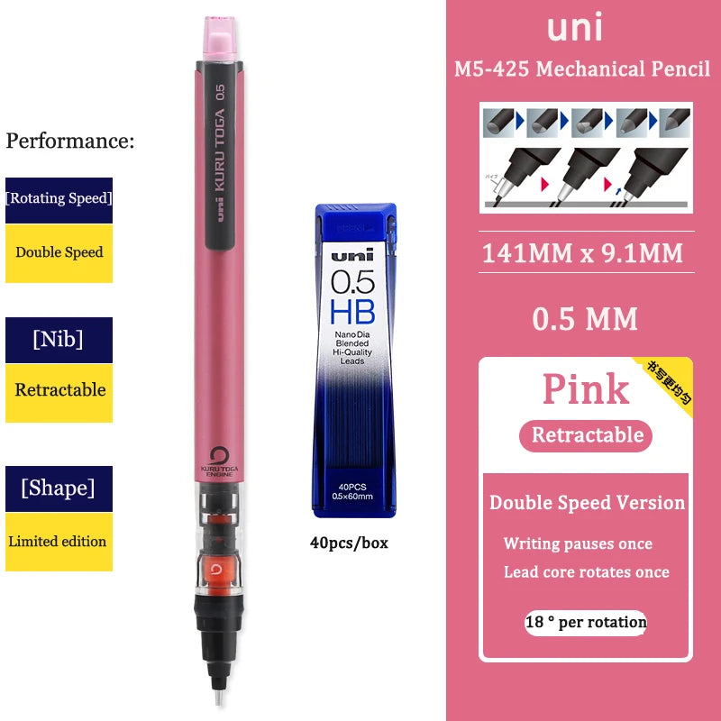 UNIStationery Automatic Mechanical Pencil — 0.5mm Anti-Slip Grip, Rotating Refillable Pen with Anti-Break Core