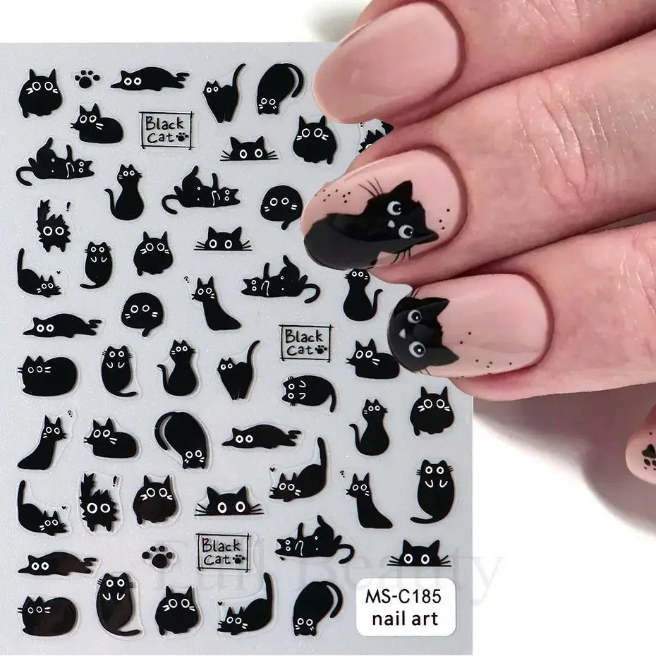 2PCS 3D Black Cat Nail Stickers - Cute Cartoon Self-Adhesive Nail Art Decals for Manicure