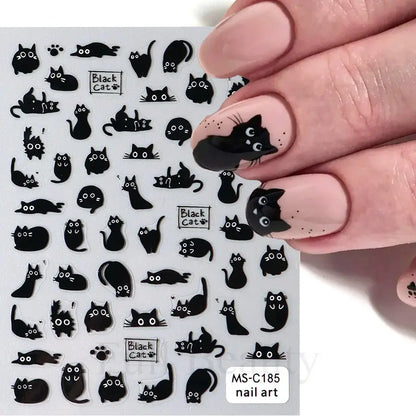2PCS 3D Black Cat Nail Stickers - Cute Cartoon Self-Adhesive Nail Art Decals for Manicure