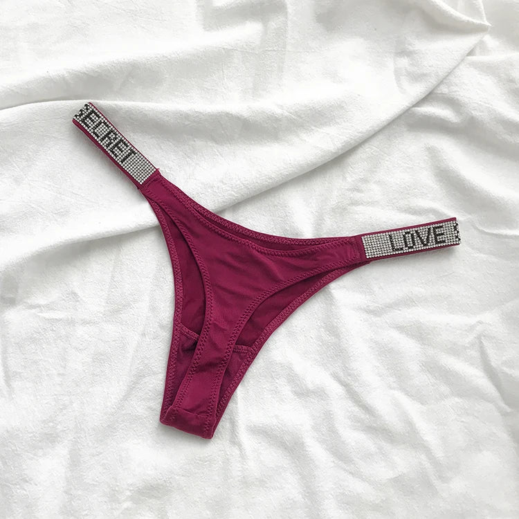 Women’s Sexy Rhinestone G-String Thong – Low Waist T-Back Sports Panties, Diamond Letter Design, Sizes S–XL
