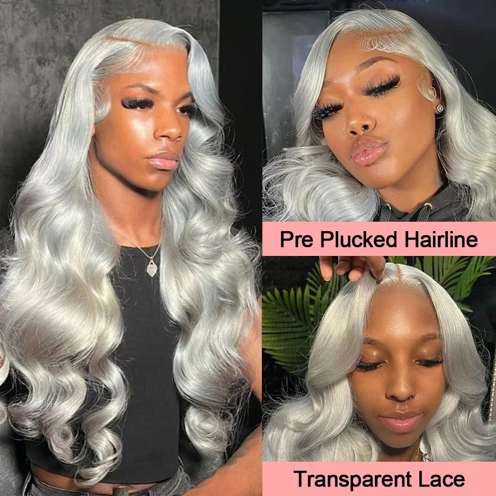 13x6 Silver Grey Body Wave Lace Front Wig – 100% Human Hair, Preplucked 13x4 Lace Frontal Brazilian Wig, 36 Inch