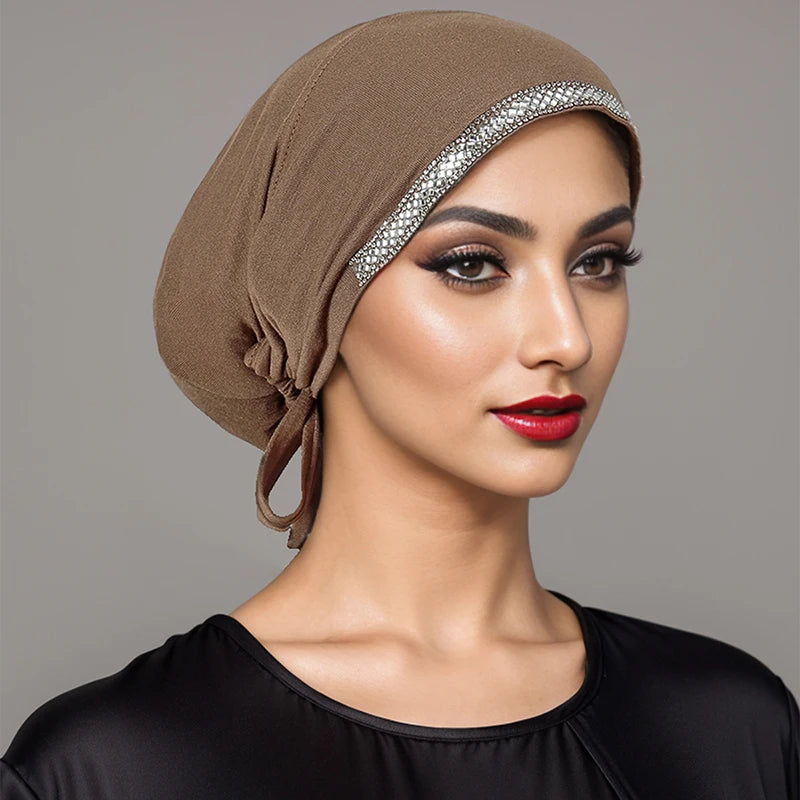 Women’s Modal Rhinestone Hijab Cap - Soft Muslim Turban Underscarf Bonnet for Secure Headwrap Styling