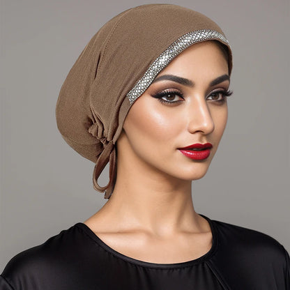 Women’s Modal Rhinestone Hijab Cap - Soft Muslim Turban Underscarf Bonnet for Secure Headwrap Styling
