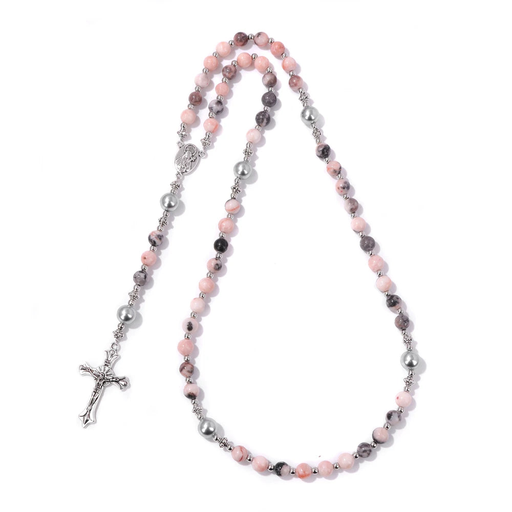 6mm Tiger Eye Rosary Beads Necklace – Catholic Jesus & Virgin Mary Pendant Long Knotted Chain Religious Jewelry for Men & Women