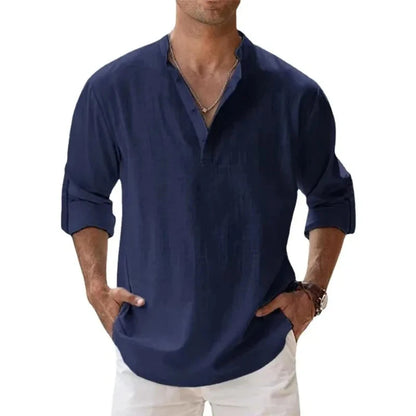 Men’s Lightweight Long Sleeve Henley Shirt — Cotton Linen Streetwear, Beach & Hawaiian Style