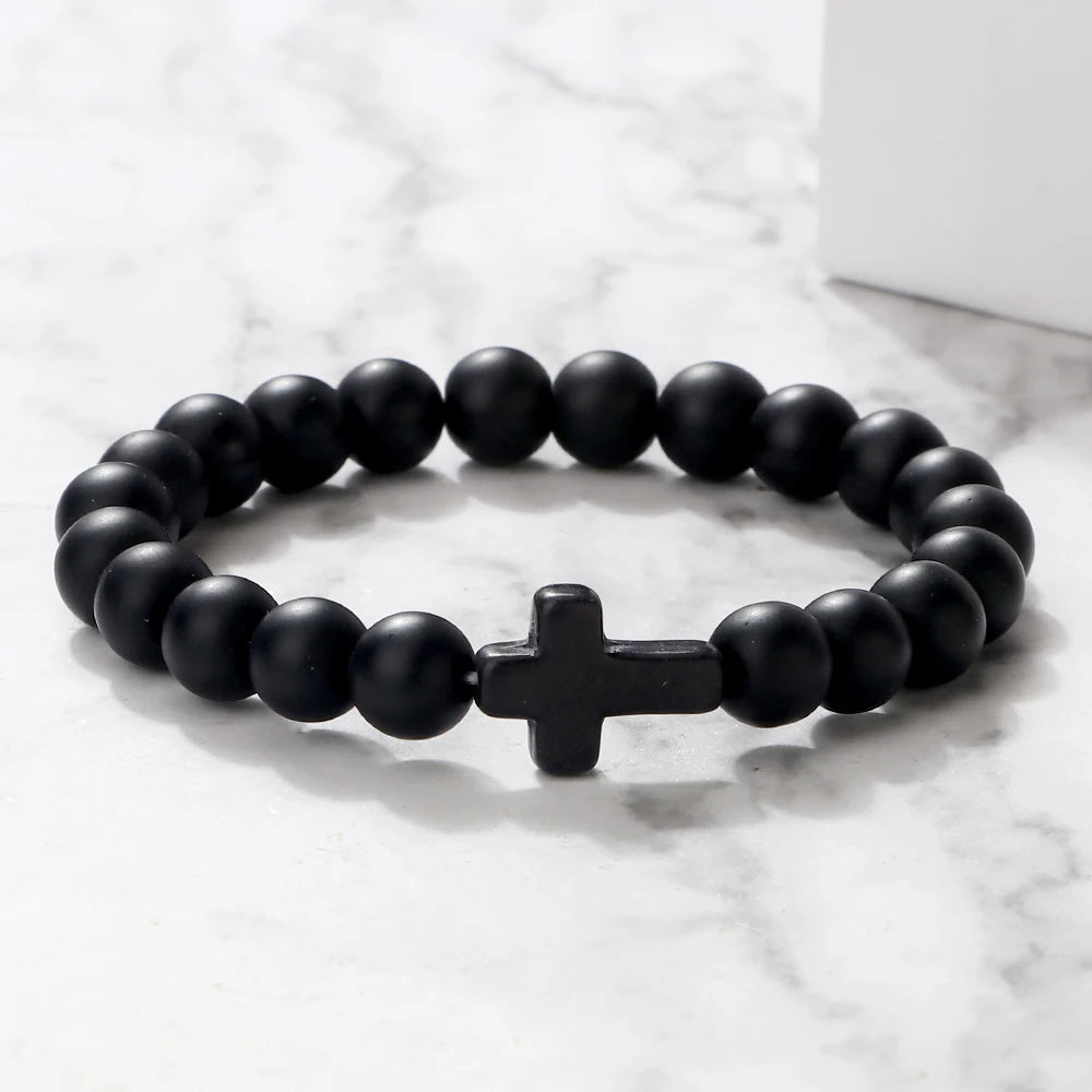 Charm Natural Stone Bracelet - Cross Black Lava Matte Beaded, Handmade Men & Women Prayer Fitness Chain, Couple Jewelry Gift