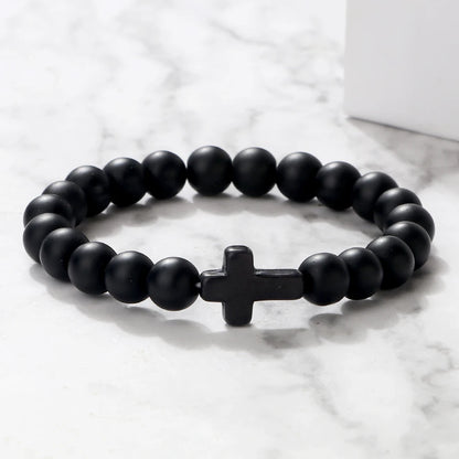 Charm Natural Stone Bracelet - Cross Black Lava Matte Beaded, Handmade Men & Women Prayer Fitness Chain, Couple Jewelry Gift