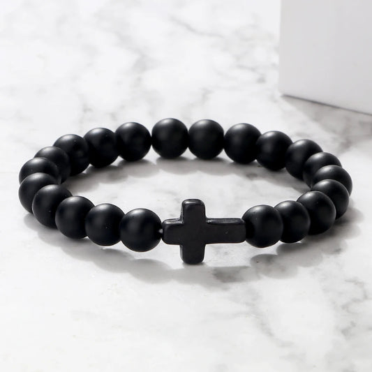 Natural Stone Cross Bracelet - Black Lava Matte Beaded Jewelry for Men & Women Prayer, Fitness & Gift