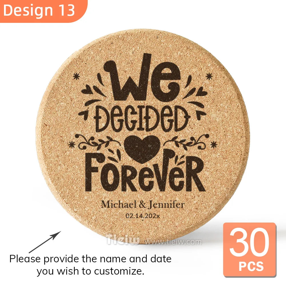 30-Piece Personalized Cork Coaster Set - Custom Tie Design Wedding Favors, Bridal Shower Gifts and Corporate Party Keepsakes