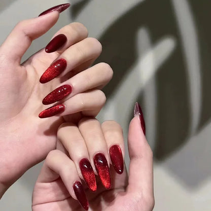 24PCS Glossy Red Cat Eye Press-On Nails Almond Full Cover Reusable Fake Nail Set