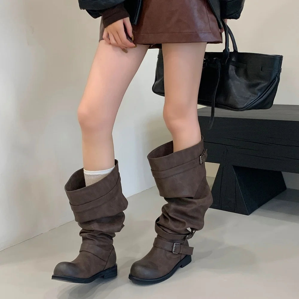 Eilyken Women’s Over-the-Knee Boots – Round Toe Punk Style with Pleated Buckle Strap, Low Square Heels for Autumn Winter