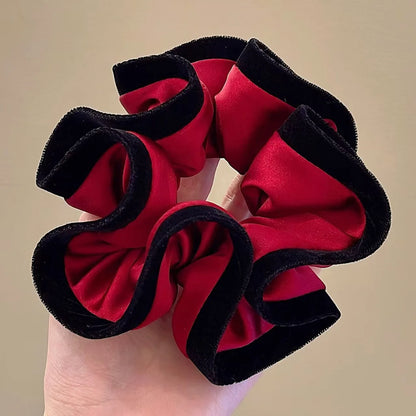 Velvet-Edged Satin Bloom Scrunchie - Elegant Hair Tie for Everyday Style