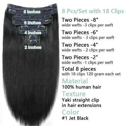 Straight Clip-In Hair Extensions – 8 Piece Full Head Set, 120g Brazilian Remy 100% Human Hair, Natural Black